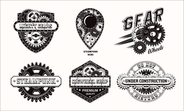 Set of monochrome vintage label with gear wheels, metal rails, rivets, text. Black emblems in steampunk style on white background. Good for craft design.
