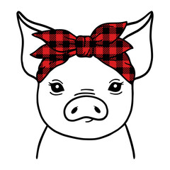 Pig with buffalo plaid bandana. Farm animals.  Good for posters, t shirts, postcards.