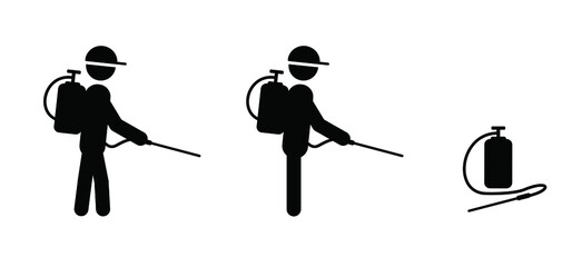 Cartoon man spraying toxic or weedkiller on plants, flowers or grass. Stickman, stick figure man with spraying weed killer. Vector icon or pictogram. Garden tools. Sprayed on a weed. Insect repellent,