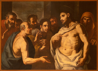 BARI, ITALY - MARCH 3, 2022: The painting of  Unbelief of St. Thomas in the crypt of Basilica di...