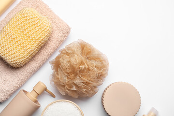 Set of bath accessories and cosmetics on white background, closeup
