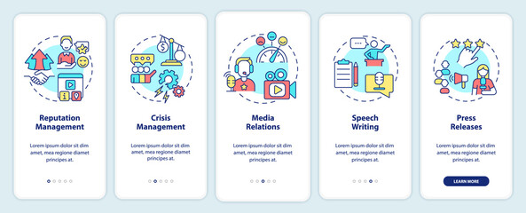 PR services types onboarding mobile app screen. Business promotion walkthrough 5 steps graphic instructions pages with linear concepts. UI, UX, GUI template. Myriad Pro-Bold, Regular fonts used