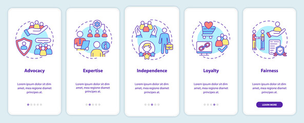 PR code of ethics onboarding mobile app screen. Principles walkthrough 5 steps graphic instructions pages with linear concepts. UI, UX, GUI template. Myriad Pro-Bold, Regular fonts used