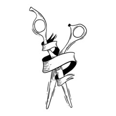 Hand drawn scissors with a braided ribbon. Vector barber or hairdresser template.