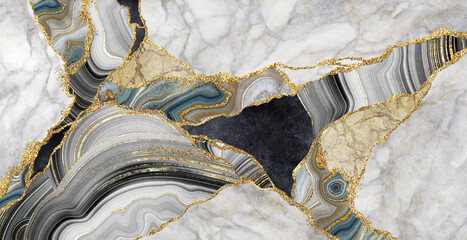 abstract background, mosaic of black granite, white marble and blue agate with golden veins,...