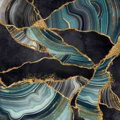 abstract marble background, mosaic of black granite and blue agate with golden veins, artificial...