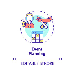Event planning concept icon. Marketing tactics. Service of PR firm abstract idea thin line illustration. Isolated outline drawing. Editable stroke. Arial, Myriad Pro-Bold fonts used