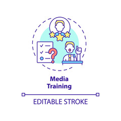 Media training concept icon. Communication with audience. Service of PR firm abstract idea thin line illustration. Isolated outline drawing. Editable stroke. Arial, Myriad Pro-Bold fonts used