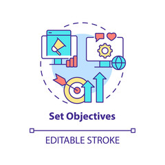 Set objectives concept icon. Choose business goals. Hiring PR firm abstract idea thin line illustration. Isolated outline drawing. Editable stroke. Arial, Myriad Pro-Bold fonts used