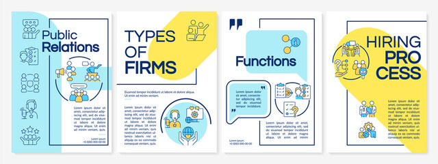 Fototapeta na wymiar PR blue and yellow brochure template. Public relations for business. Leaflet design with linear icons. 4 vector layouts for presentation, annual reports. Questrial, Lato-Regular fonts used