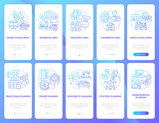 Land management, planning blue gradient onboarding mobile app screen set. Walkthrough 5 steps graphic instructions pages with linear concepts. UI, UX, GUI template. Myriad Pro-Bold, Regular fonts used