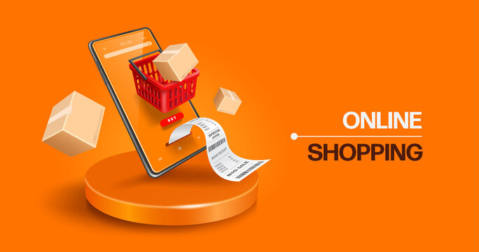 Parcel box flew out of the red shopping basket and receipts poured out from the smartphone screen and it's all on round podium,vector 3d isolated on orange bacground for online shopping concept design