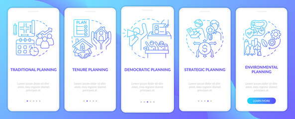 Land-use planning blue gradient onboarding mobile app screen. Walkthrough 5 steps graphic instructions pages with linear concepts. UI, UX, GUI template. Myriad Pro-Bold, Regular fonts used