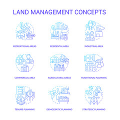 Land management blue gradient concept icons set. Residential areas idea thin line color illustrations. Commercial, industrial spaces. Isolated symbols. Roboto-Medium, Myriad Pro-Bold fonts used