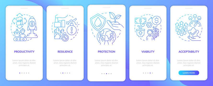 Sustainable land management blue gradient onboarding mobile app screen. Walkthrough 5 steps graphic instructions pages with linear concepts. UI, UX, GUI template. Myriad Pro-Bold, Regular fonts used