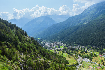 Fototapeta premium The village of Macugnaga, in the Italian Alps near Monte Rosa, during a sunny day in late summer - September 2021.
