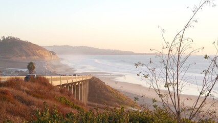Bridge on pacific coast highway 1, Torrey Pines state beach, Del Mar, San Diego, California USA....
