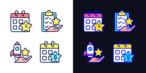 Employee bonus program pixel perfect light and dark theme color icons set. Workplace incentive and retention. Simple filled line drawings. Bright cliparts on white and black. Editable stroke