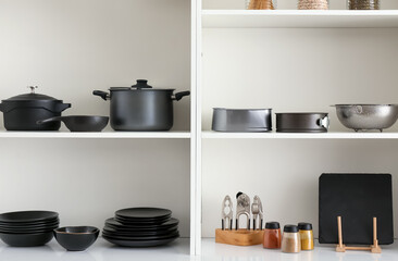Shelf unit with set of clean dishes in kitchen
