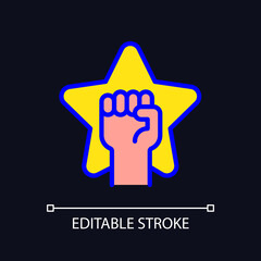 Motivational bonuses pixel perfect RGB color icon for dark theme. Receiving extrinsic and intrinsic rewards. Simple filled line drawing on night mode background. Editable stroke. Arial font used