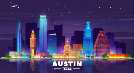 Austin Texas night city skyline vector illustration. Background with city panorama. Travel picture. - obrazy, fototapety, plakaty