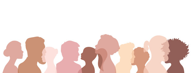 Community people skin tone heads silhouette panorama banner team vector EPS10 illustration isolated on white. Human chatting and communication concept