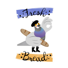 Fresh Bread funny sign with hand drawn pigeon dressed like mime, holding a French  baguette and showing ok sign with wing. Flat style isolated vector illustration