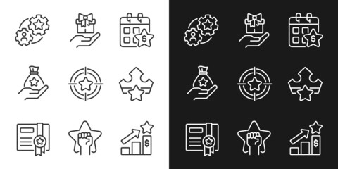 Incentive compensation pixel perfect linear icons set for dark, light mode. Raising motivation. Customer appreciation. Thin line symbols for night, day theme. Isolated illustrations. Editable stroke