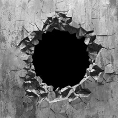 Cracked broken hole in concrete wall - obrazy, fototapety, plakaty