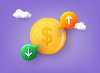 Cost of dollar with arrow down and up. Coin of dollar with loss or growth. Increase and low of revenue.  3D Web Vector Illustrations.