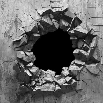 Explosion broken concrete wall bullet hole destruction