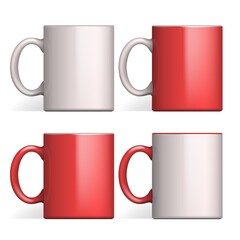 Mockup Set Blank Colored Cup Mug White, Red Porcelain, Ceramics Isolated On White Background. Mock Up Template For Branding. Photorealistic Illustration. Ready For Your Design. Vector.