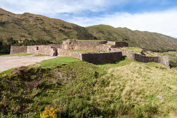 Beautiful view of the Puka Pukara Inca Archaeological Complex with its stone walls in Cusco, Peru