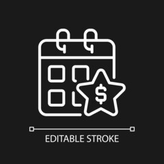 Annual bonus pixel perfect white linear icon for dark theme. Boost engagement. Extra money to regular paycheck. Thin line illustration. Isolated symbol for night mode. Editable stroke. Arial font used