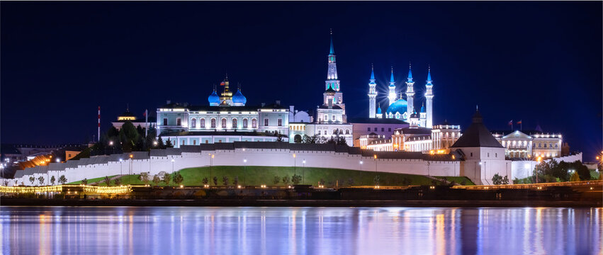 Night panorama city Kazan Kul Sharif Mosque islam and Kremlin river Kazanka, Republic of Tatarstan. Concept Travel Russia