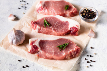 A pieces of raw fresh pork with rosemary and garlic on a vax paper on white background. Meat with spices