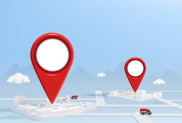 Gps 2 points show on the building with truck. 3D illustration