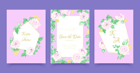 Fototapeta na wymiar Wedding Card. Engagement Poster with Botanical Roses. Spring Leaf Cover. Wedding Card Design. Vintage Marriage Invitation. Rsvp Wreath with Flowers. Summer Leaves. Fashion Wedding Card.