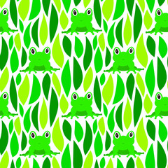 Cartoon seamless pattern frog among grass cute animal illustration