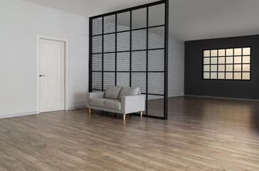 View of big empty room with door, sofa and folding screen