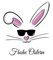 Easter bunny in sunglasses vector illustration drawn by hand. Bunny face, ears and tiny muzzle with whiskers isolated on white background. Happy Easter on German Frohe Ostern