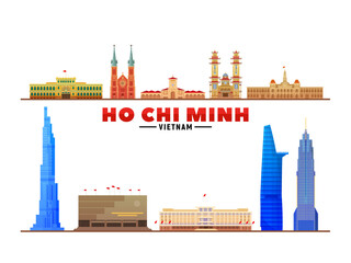 Ho Chi Minh city (Vietnam) top landmarks at white background. Vector Illustration. Business travel and tourism concept with modern buildings. Image for banner or web site.