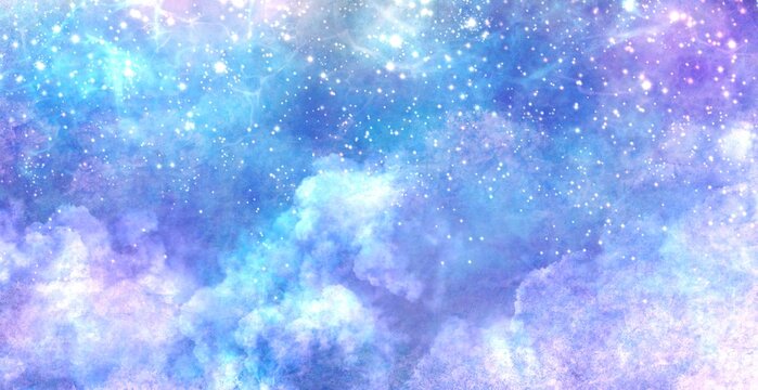 ファンタジー 空 背景 宇宙 光 空 青 グラデーション キラキラ 模様 星 雲 質感 イラスト 星屑 魔法 マジカル デザイン 空間 デコレーション 銀河 夜空 明るい 幻想的 異空間 異次元 プラネタリウム 夜 ロマンチック メルヘン 横長