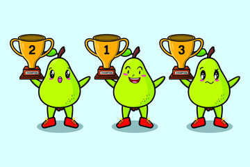 Set of cute cartoon pear fruit holding trophy with happy expression in 3d modern style design