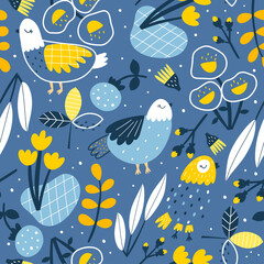 Cute birds seamless pattern on blue background, Floral background. Blooming Flowers, Floral paper, Spring Scrapbook. Vector illustration.