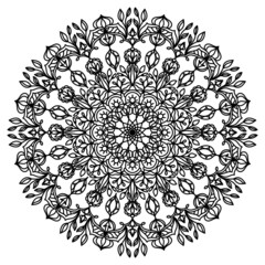 Mandala. Circular ethnic ornament in black on a white background. Isolated object as a template for a tattoo, henna drawing. Ornament on glass, fabric, wood, leather. 