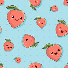 Seamless vector pattern for kids with cute kawaii fruit of peaches. Happy funny peaches with different facial expressions smile, laugh, wink and fall on the blue background with hearts.