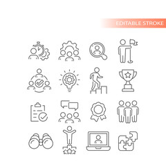 Teamwork, human resources line icon set. Business management, employees achievement outlined icons.