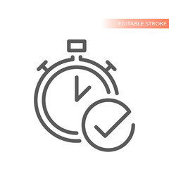 Clock and checkmark or tick line vector icon. Deadline complete outlined symbol.