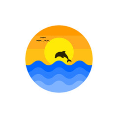 Abstract Vintage sun, sea and jumping dolphin logo. flat vector logo design